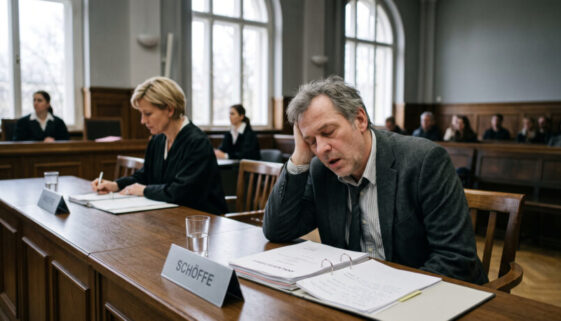 Ein Schöffe schläft mit geschlossenen Augen und erschlaffter Haltung an einer Richterbank während einer Gerichtsverhandlung.