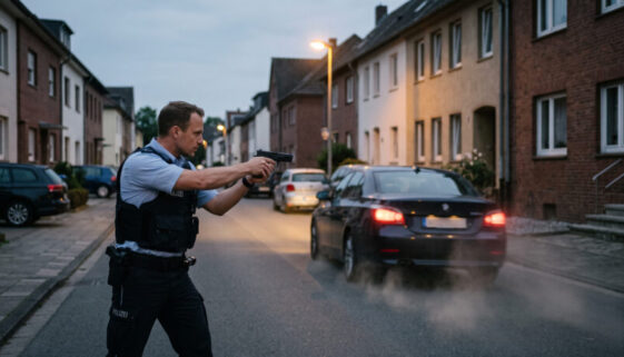 Uniformierter Polizist zielt bei Dämmerung auf das Heck eines flüchtenden Autos auf einer beleuchteten Wohnstraße.