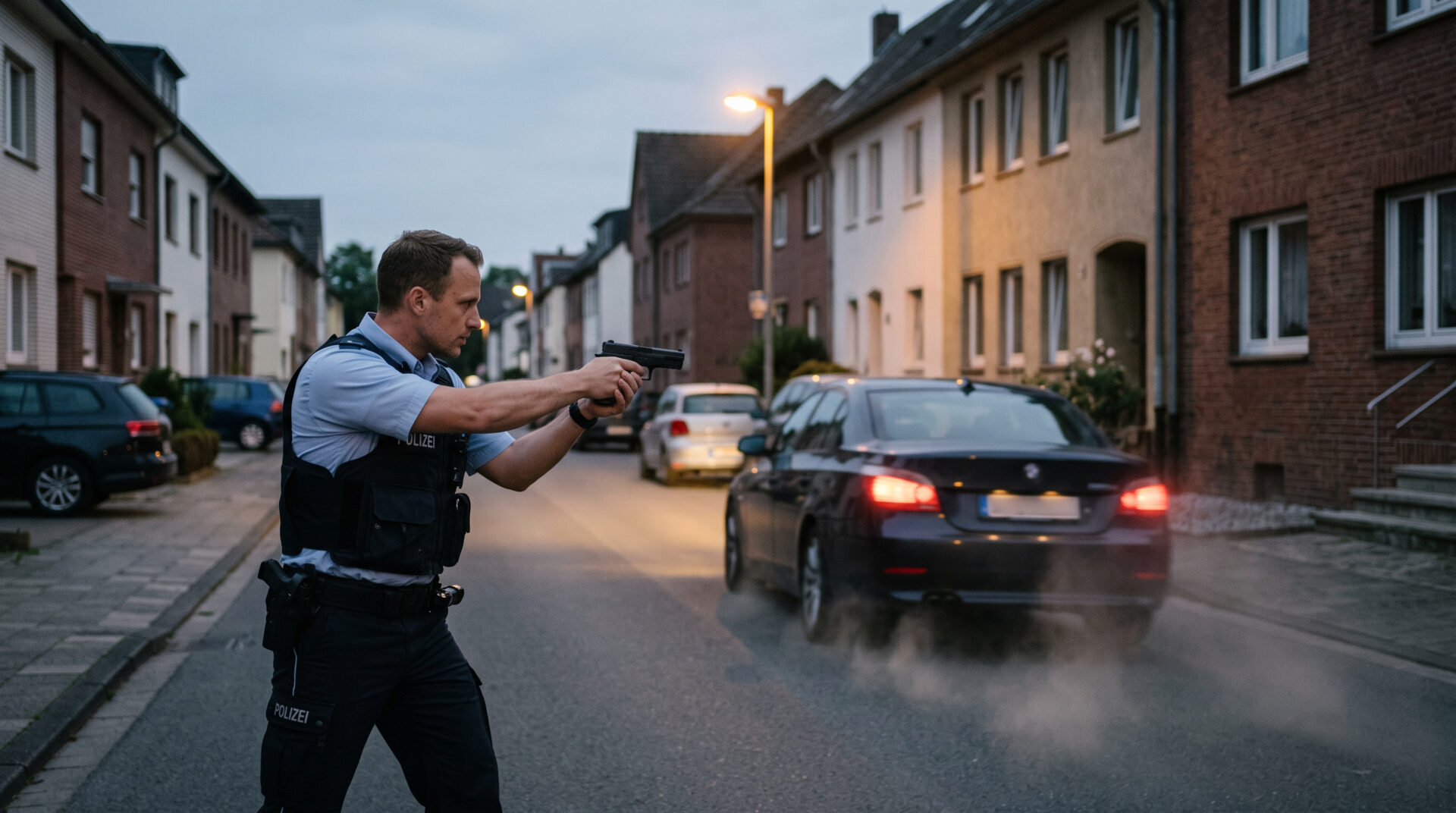 Uniformierter Polizist zielt bei Dämmerung auf das Heck eines flüchtenden Autos auf einer beleuchteten Wohnstraße.