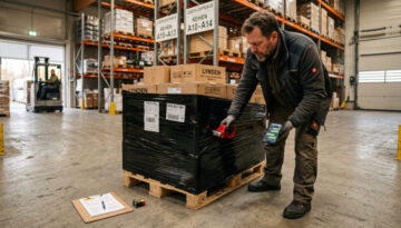 Lagerleiter umwickelt Palette mit schwarzer Folie in einem Logistiklager; Smartphone und Klemmbrett liegen griffbereit.