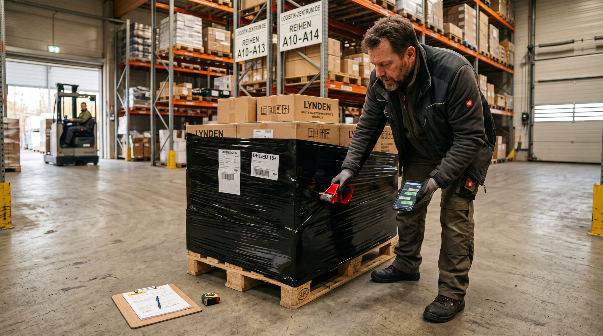 Lagerleiter umwickelt Palette mit schwarzer Folie in einem Logistiklager; Smartphone und Klemmbrett liegen griffbereit.