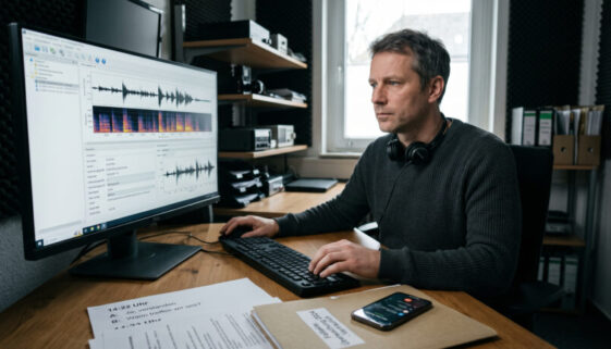 Ein ziviler Ermittler in einem dunklen Raum betrachtet Audio-Wellenformen einer Telefonüberwachung auf einem Monitor.