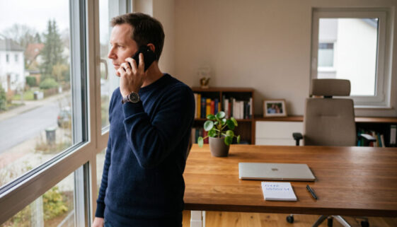 Ein Mann telefoniert in einem hellen Zimmer; auf einem Tisch liegt ein Notizblock mit einer einzelnen Telefonnummer.