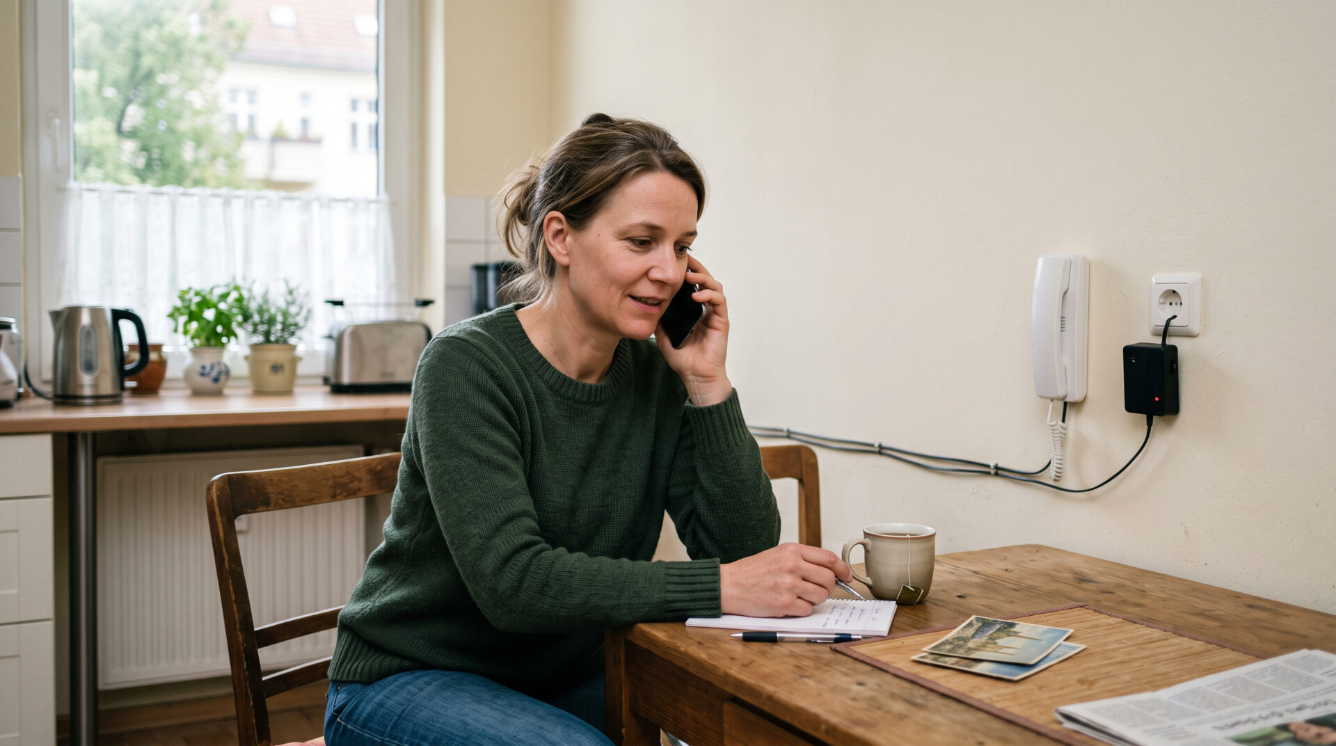 Frau telefoniert am Küchentisch, während unbemerkt eine technische Abhörvorrichtung an der Wandleitung installiert ist.