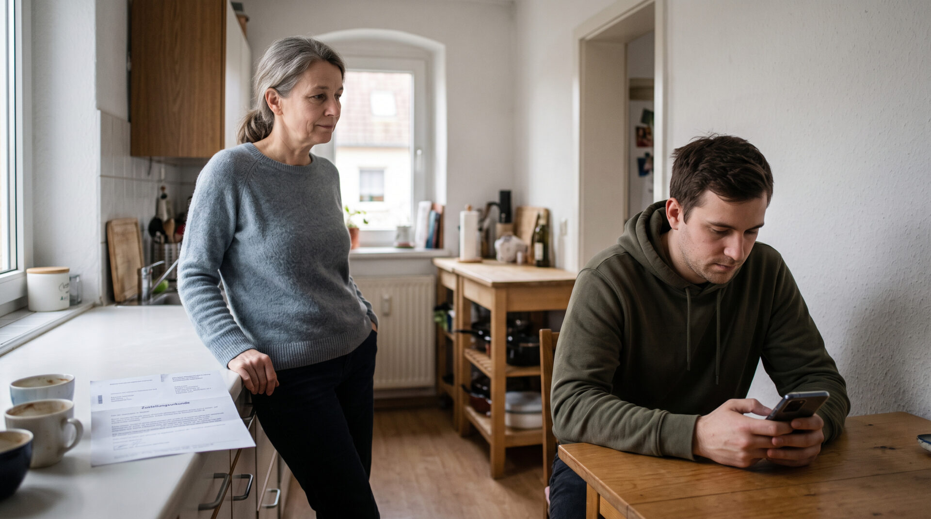 Mutter und Sohn in einer Küche nach Erhalt eines TKÜ-Benachrichtigungsschreibens der Staatsanwaltschaft.