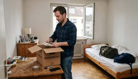 Ein Mann packt in einem schlichten Zimmer einen Umzugskarton, daneben liegt eine Reisetasche und ein Smartphone.