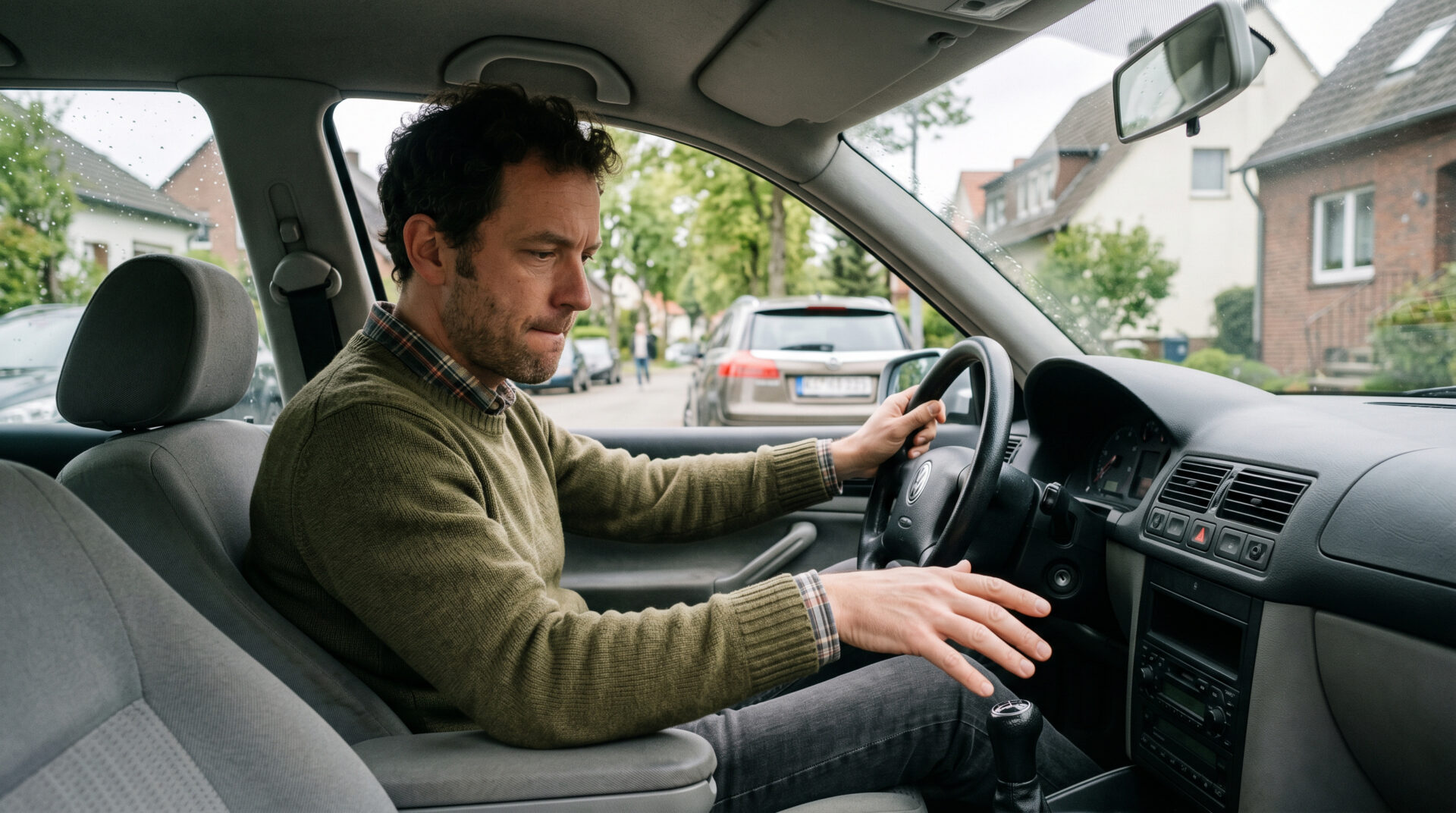 Mann am Steuer eines Autos blickt verwirrt auf den Schaltknüppel, Hand zögert in der Luft.