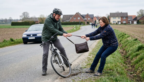 Ein Mann auf einem Fahrrad und eine Frau zerren heftig an einer Handtasche und verlieren dabei das Gleichgewicht.