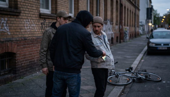 Zwei Männer drängen einen Passanten nachts an einer Mauer ab und greifen nach seinem Handy; ein Fahrrad liegt am Boden.
