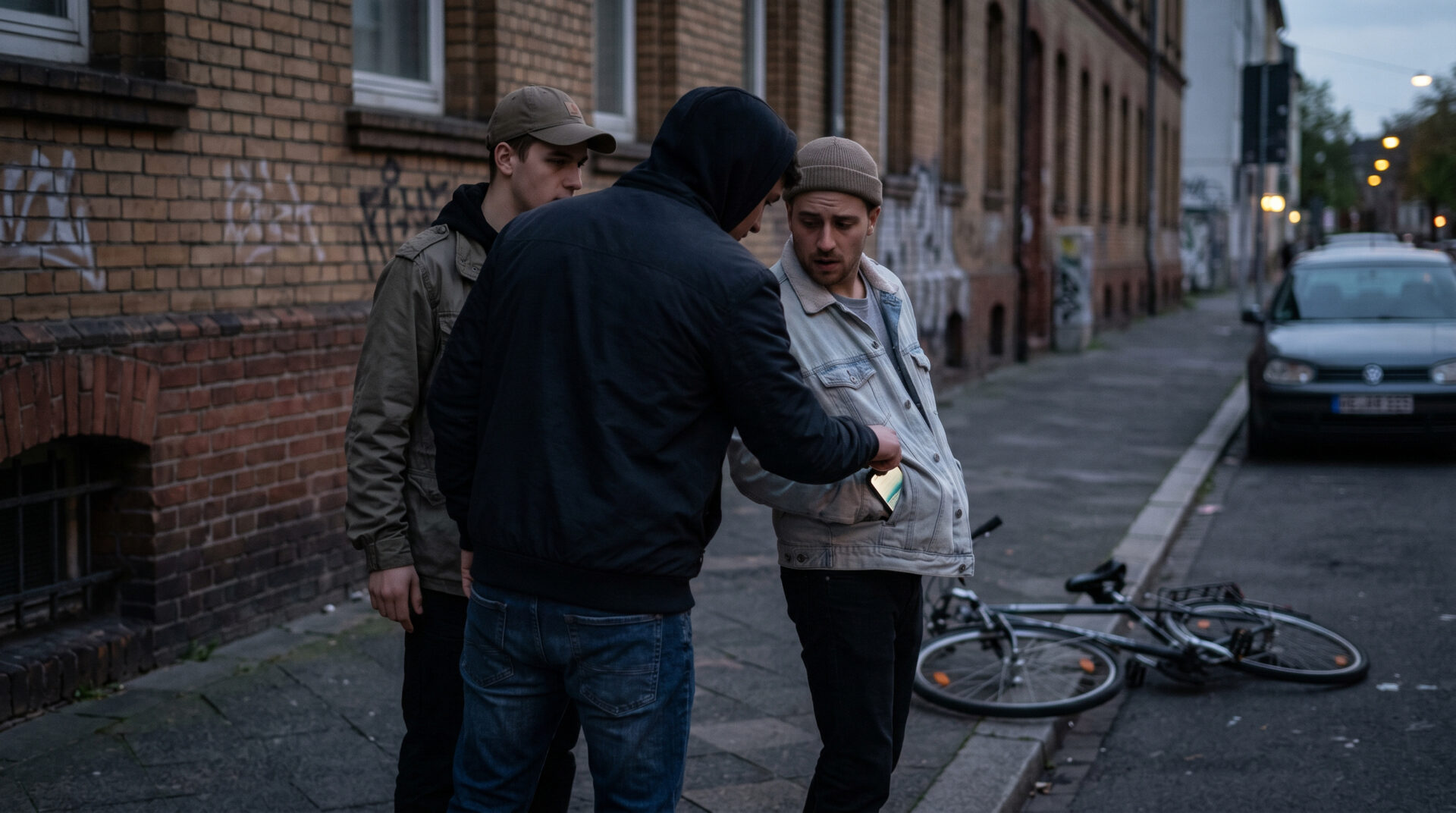 Zwei Männer drängen einen Passanten nachts an einer Mauer ab und greifen nach seinem Handy; ein Fahrrad liegt am Boden.
