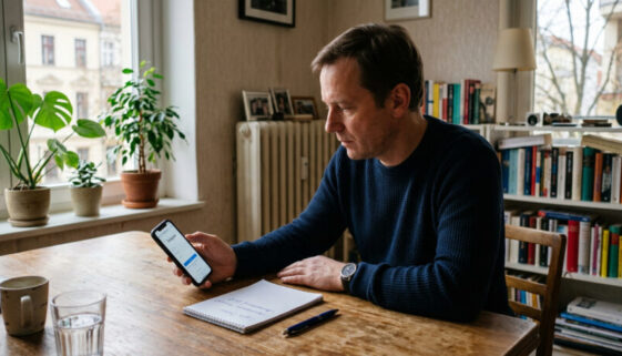 Mann am Tisch registriert sich am Smartphone für ein soziales Netzwerk, daneben liegt ein Notizblock mit Benutzernamen.