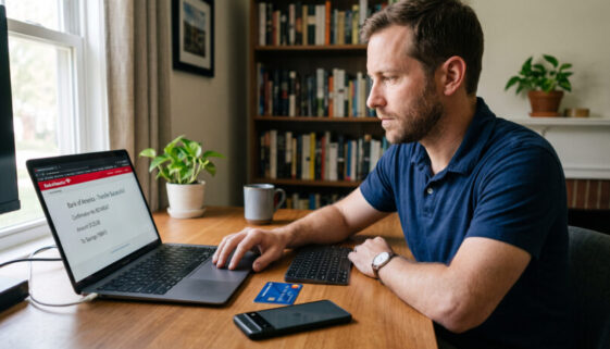Eine Hand bestätigt eine Überweisung auf einem geöffneten Laptop; daneben liegen Bankkarte und Smartphone auf schlichtem Schr