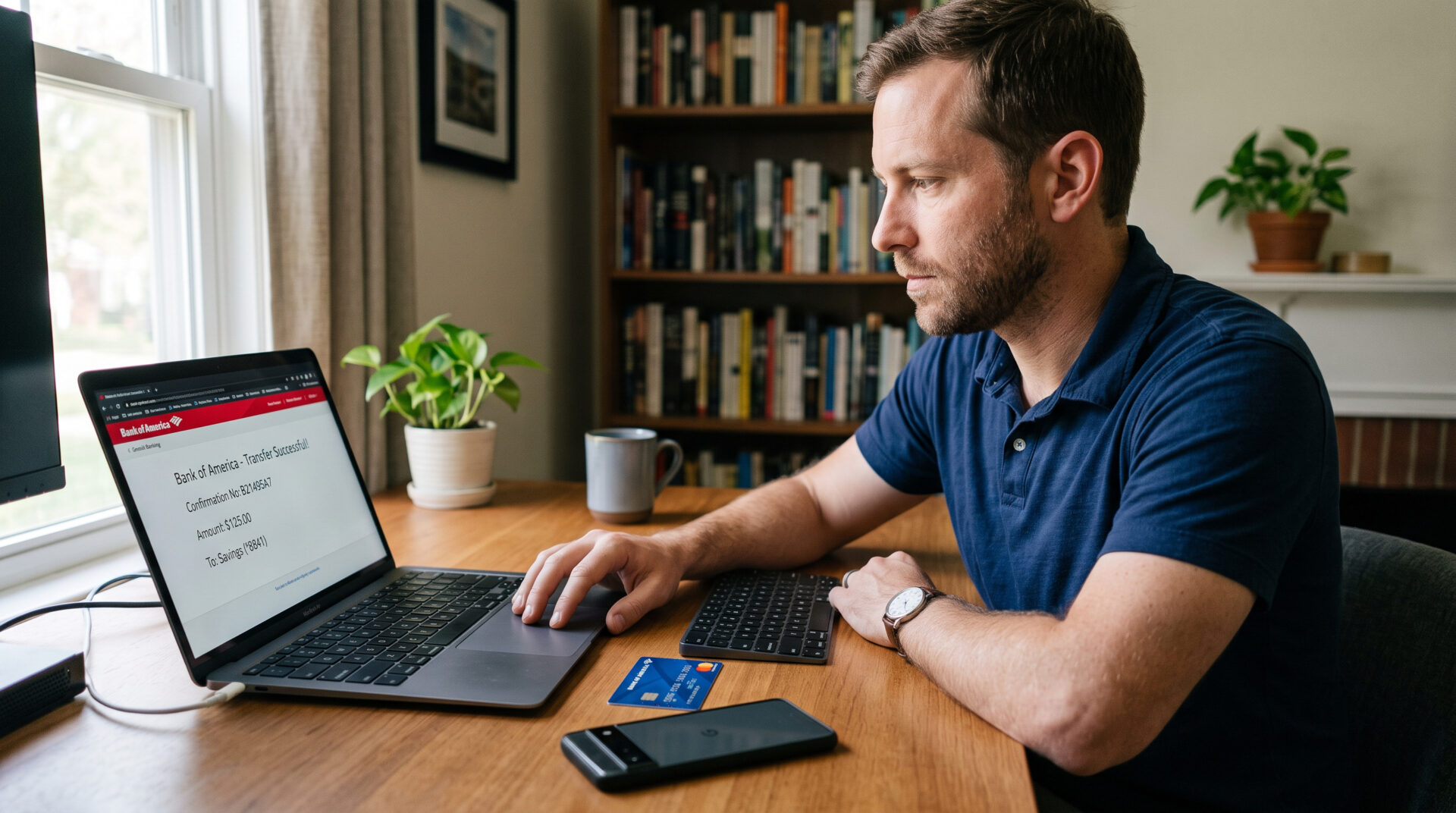 Eine Hand bestätigt eine Überweisung auf einem geöffneten Laptop; daneben liegen Bankkarte und Smartphone auf schlichtem Schr