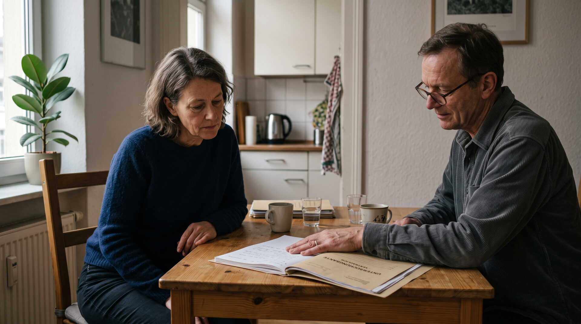 Zwei Personen am Küchentisch betrachten eine geöffnete Akte, eine legt schützend die Hand darüber.
