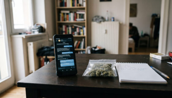 Entsperrtes Kryptohandy mit Chat-Verkaufsangaben auf einem dunklen Schreibtisch neben versiegelten Cannabisbeuteln in schlich