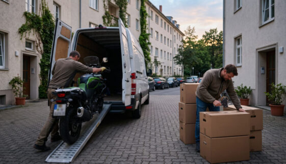 Mann schiebt Motorrad auf Transporter-Rampe, während Helfer Kartons versiegelt. Typischer Hinterhof bei Dämmerung.