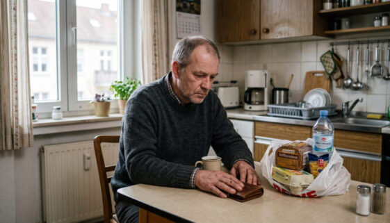 Mann sitzt an Küchentisch mit leerem Portemonnaie und wenigen Lebensmitteln