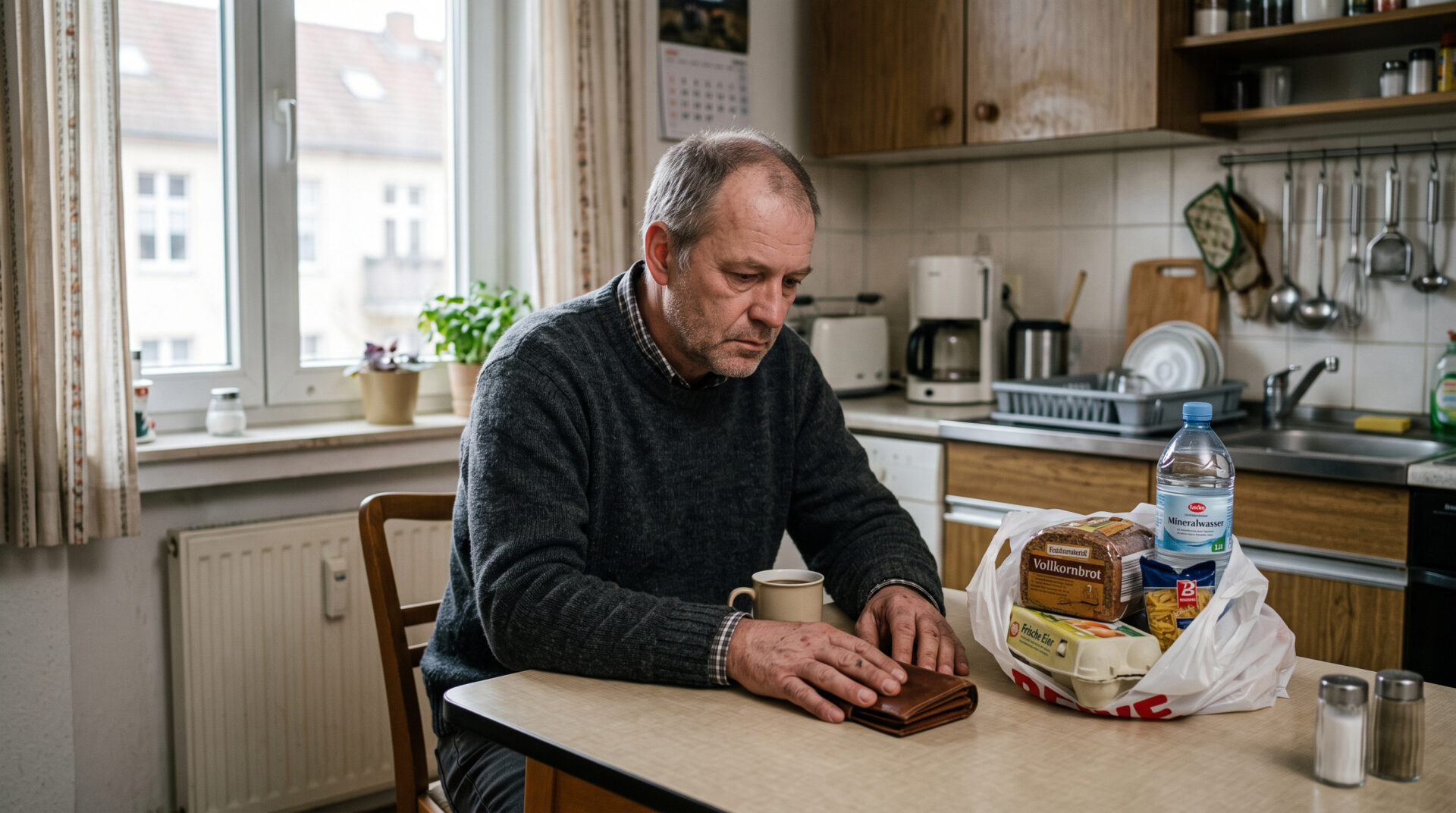 Mann sitzt an Küchentisch mit leerem Portemonnaie und wenigen Lebensmitteln