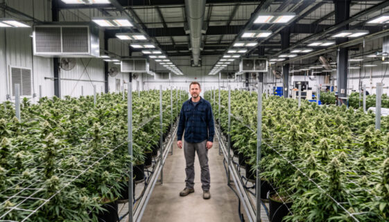 Mann mit leeren Händen stehend zwischen Indoor-Cannabis-Reihen, betont abwesende Berührung der Pflanzen und Vorräte.
