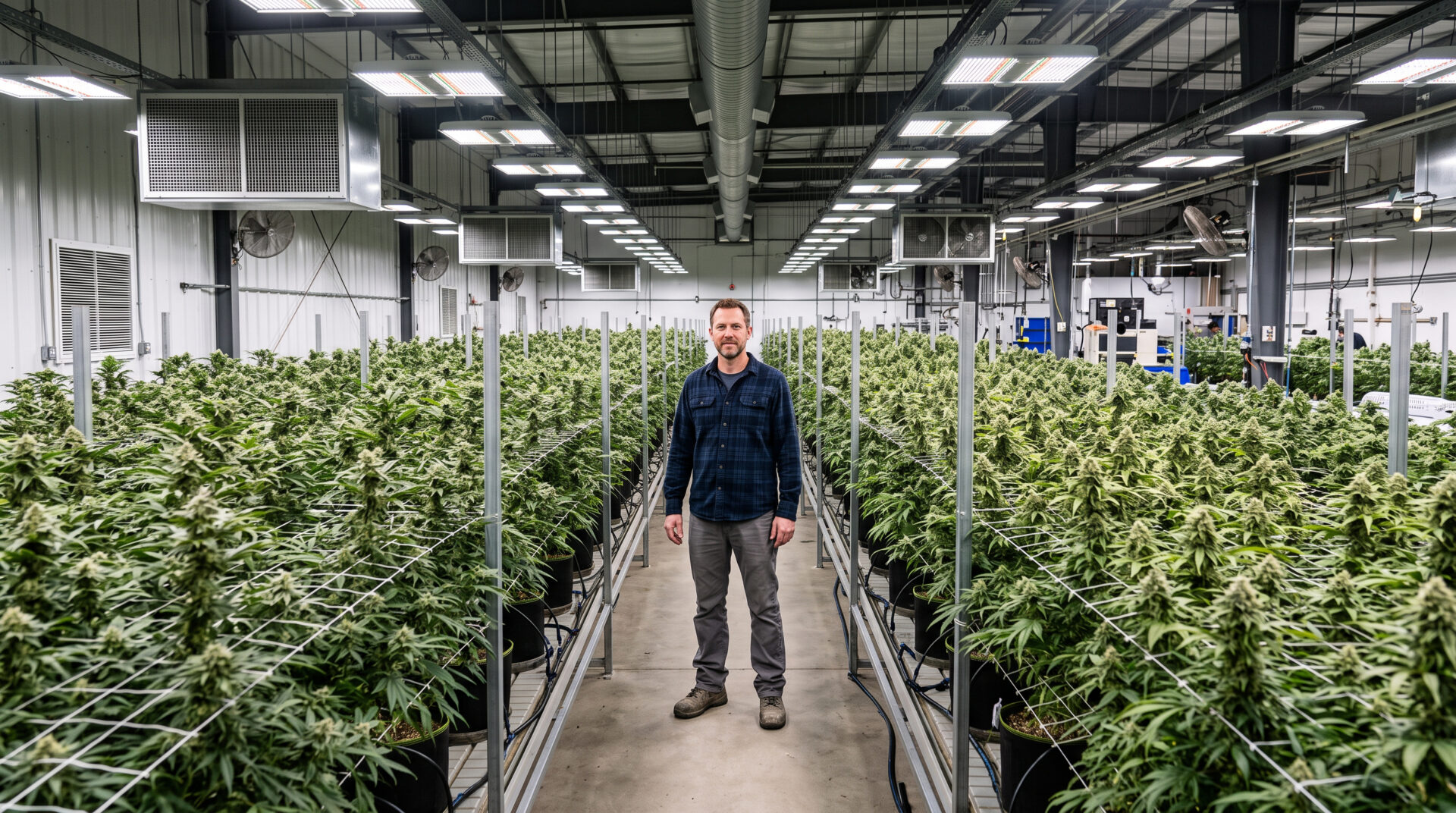 Mann mit leeren Händen stehend zwischen Indoor-Cannabis-Reihen, betont abwesende Berührung der Pflanzen und Vorräte.