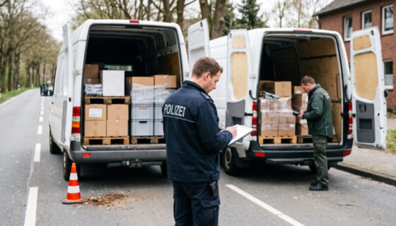 Zwei weiße Transporter, Beamte sichern offene Laderäume mit Paletten am Straßenrand.