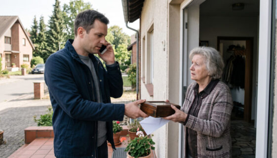 Ein Mann reicht einer älteren Frau an einer offenen Wohnungstür Schmuck und einen Umschlag, während er telefoniert.