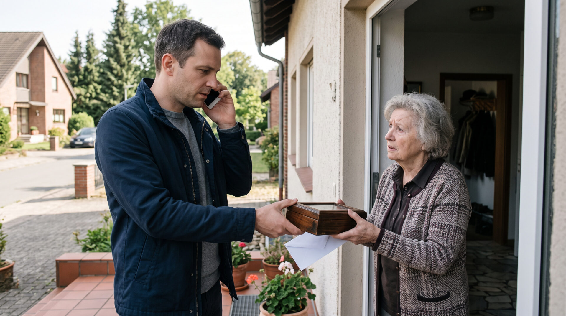 Ein Mann reicht einer älteren Frau an einer offenen Wohnungstür Schmuck und einen Umschlag, während er telefoniert.