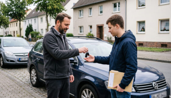 Zwei Männer übergeben Schlüssel und Unterlagen vor einem Auto. Sachlicher, dokumentarischer Austausch.