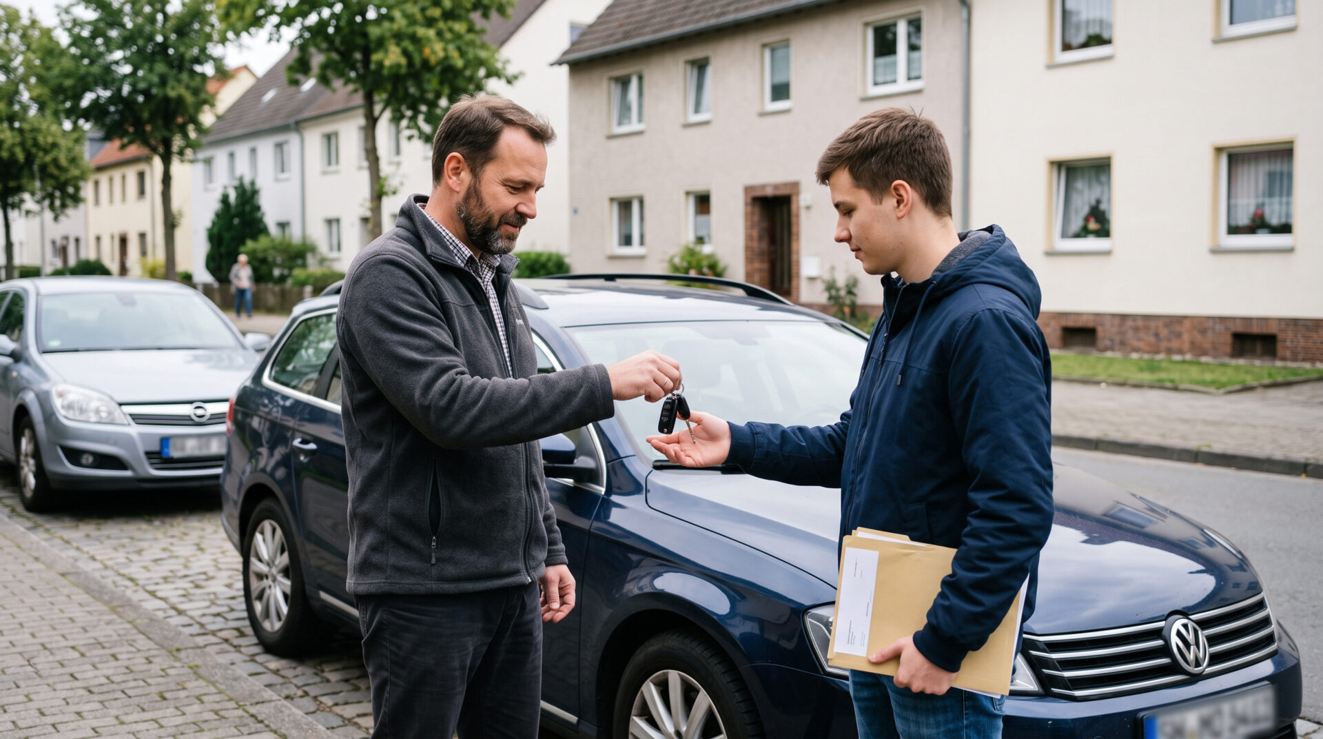 Zwei Männer übergeben Schlüssel und Unterlagen vor einem Auto. Sachlicher, dokumentarischer Austausch.