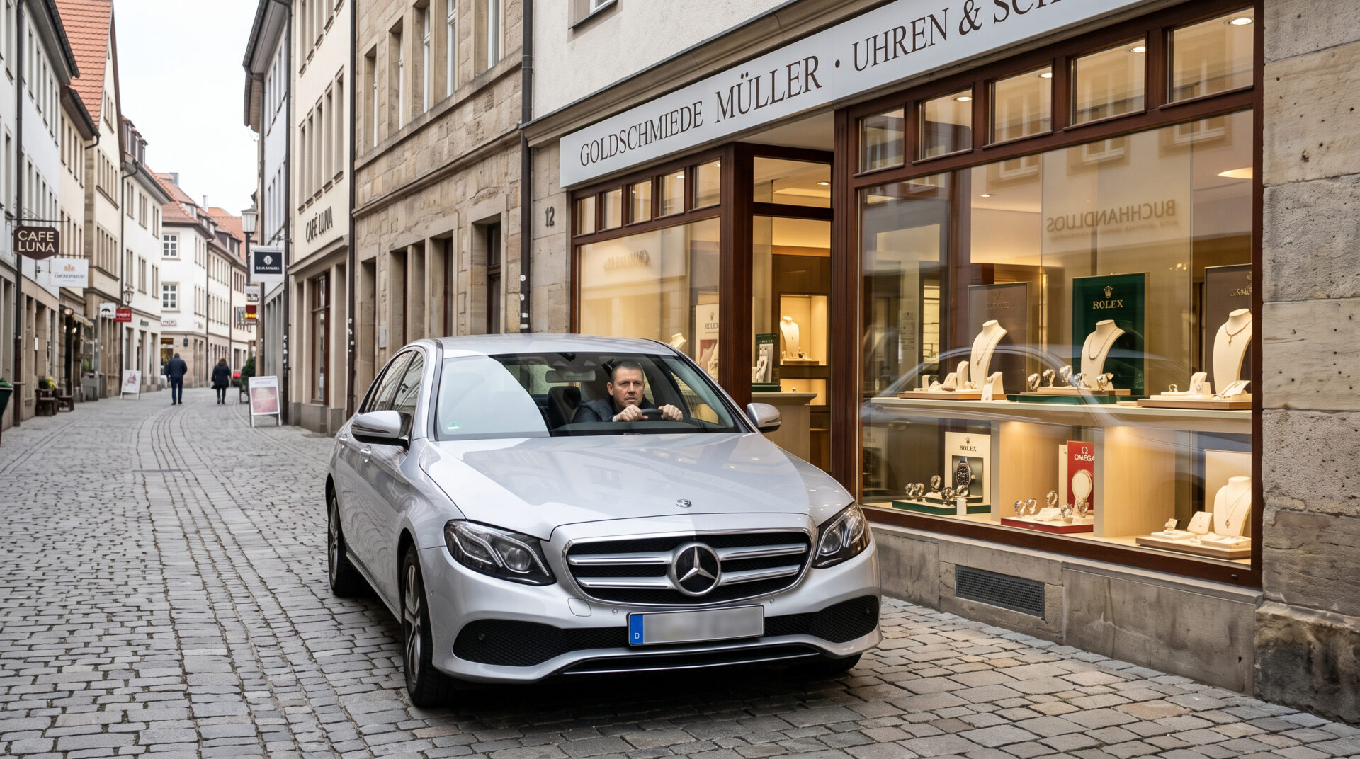 Silberner Mercedes steht vor intakter Juwelier-Scheibe, angespannter Fahrer durch Windschutzscheibe an deutscher Fußgängerzon
