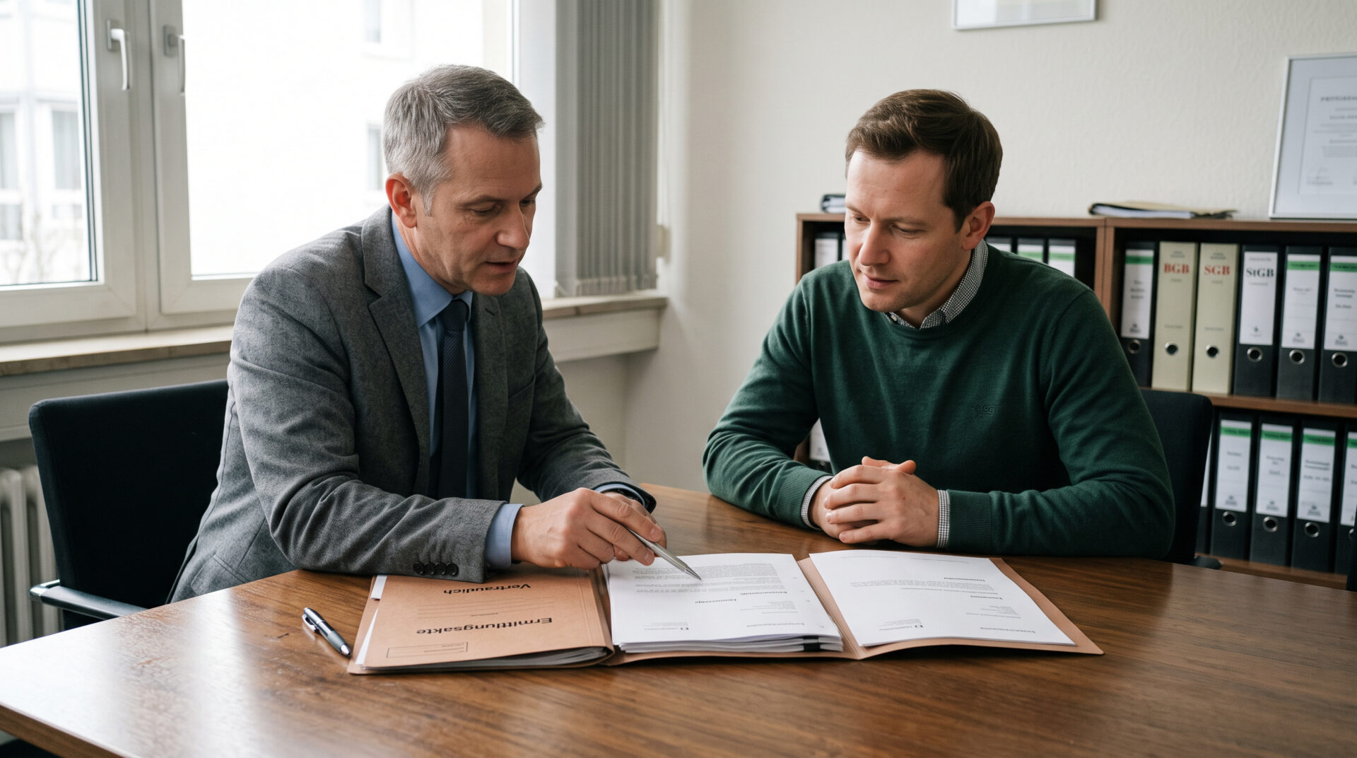 Zwei Männer besprechen Vertragsunterlagen im Büro