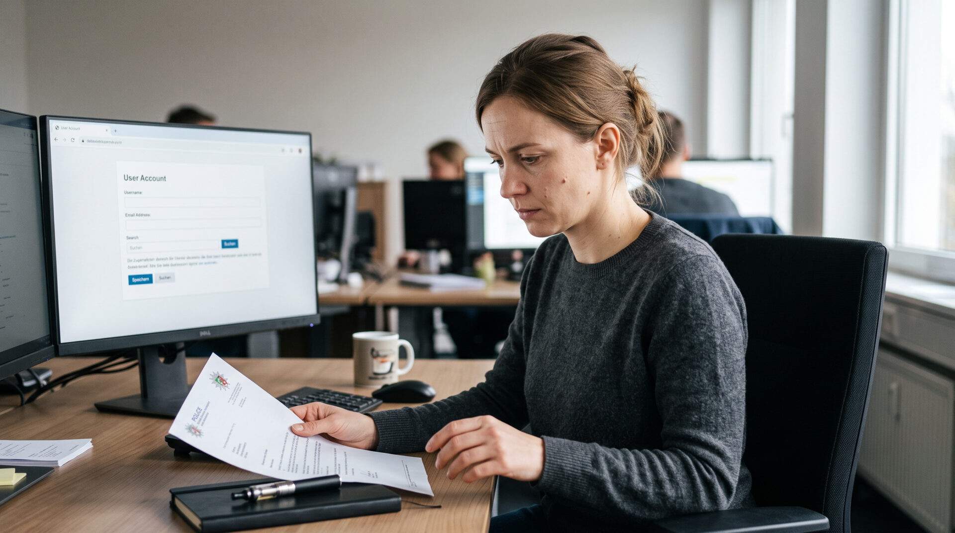 Frau am Computerarbeitsplatz prüft polizeilichen Datenanfragebrief, Monitor zeigt neutrales Nutzerprofil im hellen Büro.