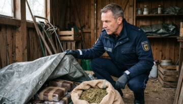 Polizeibeamter hebt Plane in Gartenhütte auf, darunter Packungen mit dunkler Substanz und offener Hanfsack als Beweismittel.