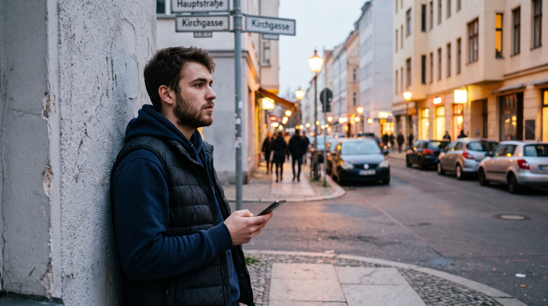 Junger Mann in Kapuzenpullover lehnt an einer Hauswand an einer Straßenecke, Smartphone mit dunklem Display in der Hand.