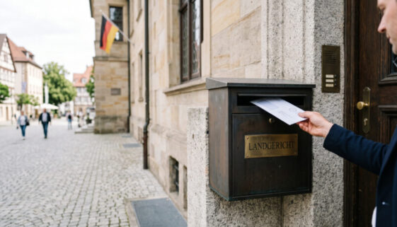 Ein weißer Briefumschlag ragt aus einem Metall-Postkasten unter einem Messingschild mit der Aufschrift „Landgericht“.