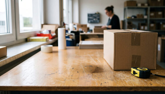 Ein Maggi-Blechschild und ein Smartphone mit rechtlichem Hinweis auf einem Packtisch, sachliche Büroszene.