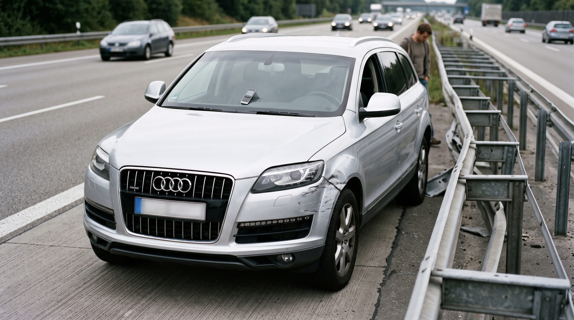 Silver Audi Q7 parked on German Autobahn shoulder near guardrail, mobile phone visible through windshield on passenger seat, overcast daylight.