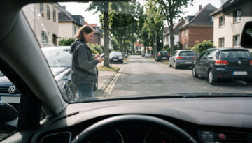 Frau mit zwei Smartphones hält vor dem Frontscheinwerfer eines geparkten Autos an, während Fahrerfuß das Gaspedal betätigt