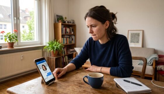 Junge Frau am Schreibtisch blickt angespannt auf Smartphone mit nachgeahmtem Profil und eigenem Porträt