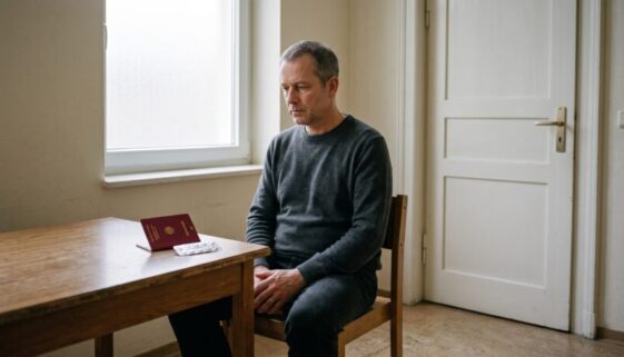 Mann am Holztisch im hellen Klinikraum blickt auf Reisepass neben Medikamentenblister