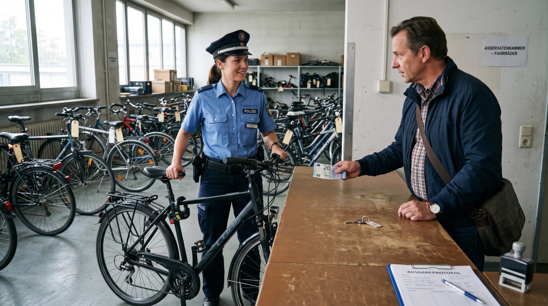Polizeibeamtin hält Radlenker fest, während Abholender einen Geldschein über die Theke reicht.