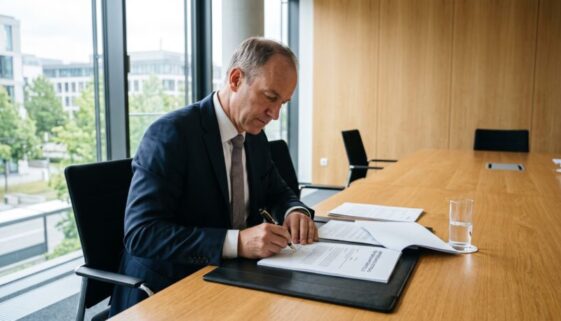 Geschäftsführer in dunklem Anzug unterschreibt Vertrag zur Abtretung von Geschäftsanteilen am Konferenztisch