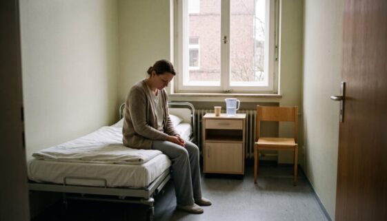 Frau in einfacher Kleidung sitzt auf Bettrand in kargem Klinikzimmer und blickt zu Boden