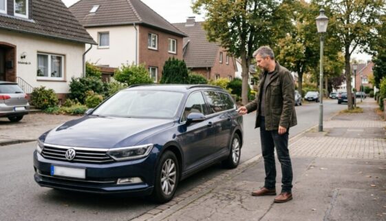 Mann mit Autoschlüssel steht neben geschlossener Fahrertür am Gehweg einer Wohnstraße
