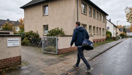 Mann mit Reisetasche verlässt eilig Adaptionshaus, Wohngebäude und Fahrradständer im Hintergrund