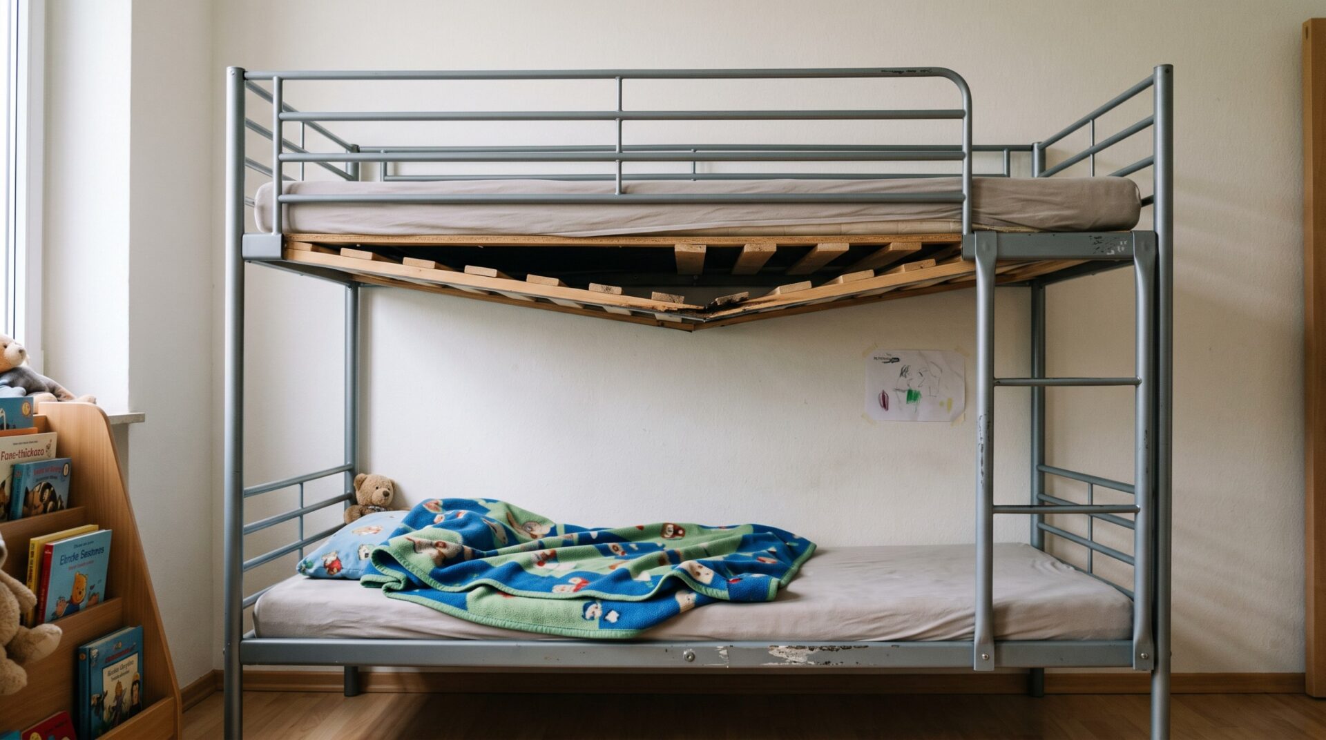 Verrutschte, lose Bettkonstruktion im oberen Teil eines Metall-Etagenbetts in einem ruhigen Betreuungszimmer mit deutlich sic