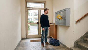 Mann mit Reisetasche neben Briefkästen, gelber Amtsbrief steckt im Schlitz