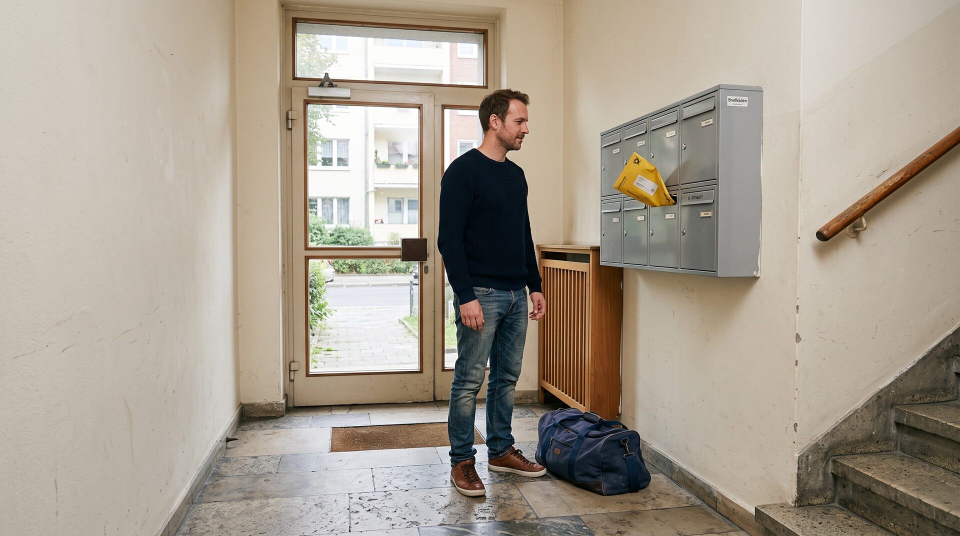 Mann mit Reisetasche neben Briefkästen, gelber Amtsbrief steckt im Schlitz