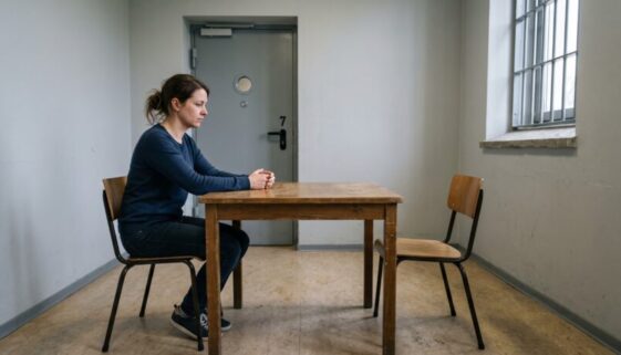 Frau allein an Tisch in kargem Besuchsraum der JVA, leerer Stuhl gegenüber, vergittertes Fenster