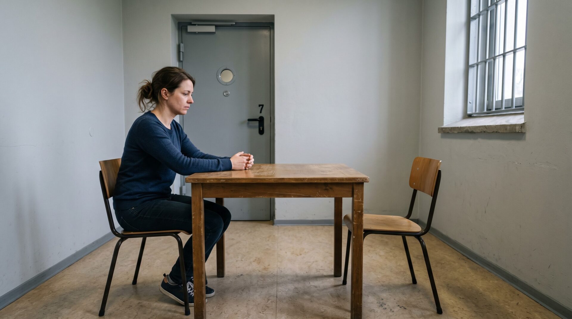 Frau allein an Tisch in kargem Besuchsraum der JVA, leerer Stuhl gegenüber, vergittertes Fenster